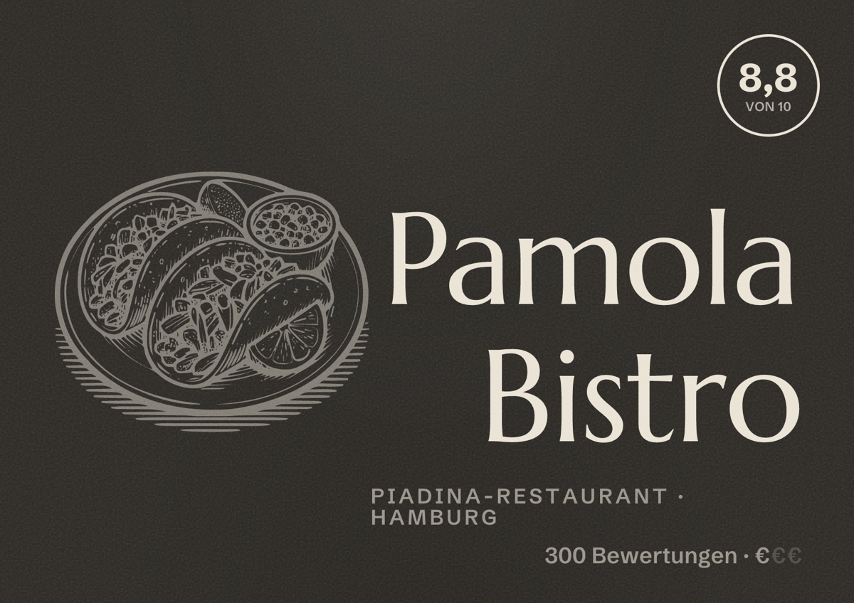 Illustriertes Poster von Pamola Bistro, Piadina-Restaurant in Hamburg: Bewertung 8,8 von 10 aus 300 Bewertungen, Preisniveau €