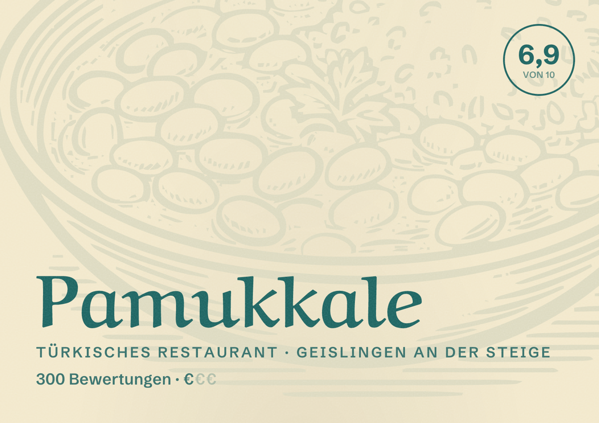 Illustriertes Poster von Pamukkale, Türkisches Restaurant in Geislingen an der Steige: Bewertung 6,9 von 10 aus 300 Bewertungen, Preisniveau €