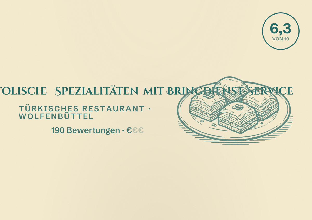 Illustriertes Poster von Pamukkale Anatolische Spezialitäten mit Bringdienst-Service, Türkisches Restaurant in Wolfenbüttel: Bewertung 6,3 von 10 aus 190 Bewertungen, Preisniveau €