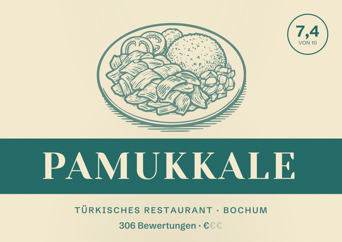 Illustriertes Poster von Pamukkale, Türkisches Restaurant in Bochum: Bewertung 7,4 von 10 aus 306 Bewertungen, Preisniveau €