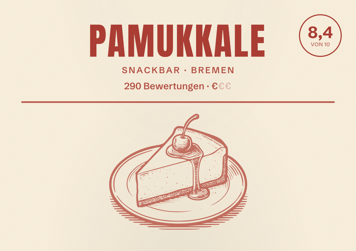 Illustriertes Poster von Pamukkale, Snackbar in Bremen: Bewertung 8,4 von 10 aus 290 Bewertungen, Preisniveau €