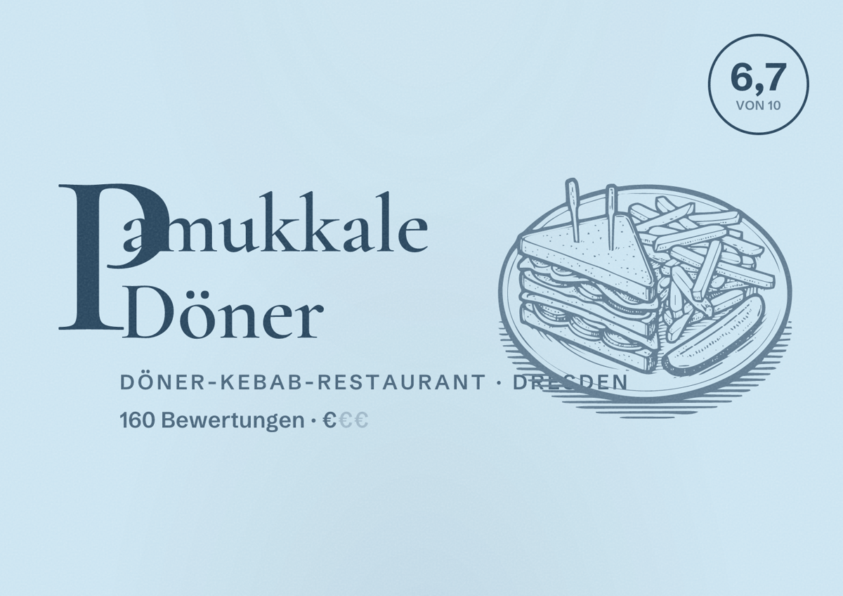 Illustriertes Poster von Pamukkale Döner, Döner-Kebab-Restaurant in Dresden: Bewertung 6,7 von 10 aus 160 Bewertungen, Preisniveau €