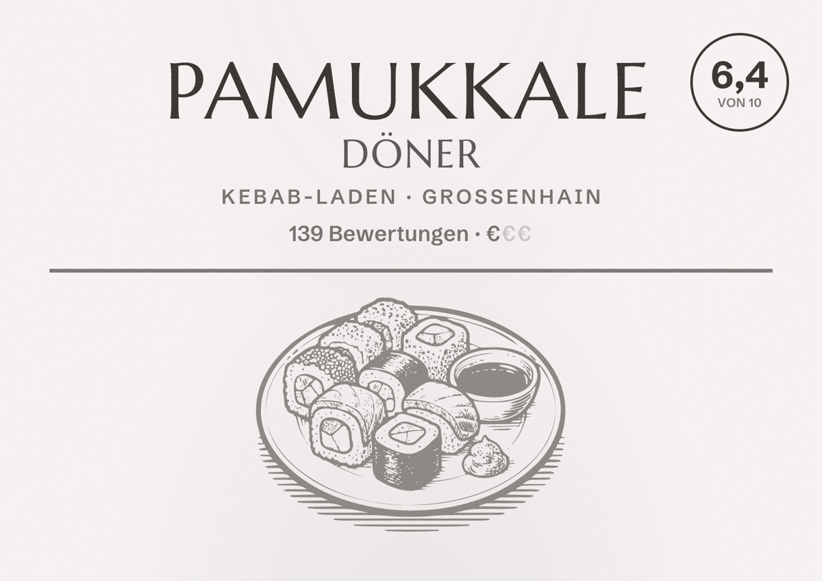 Illustriertes Poster von Pamukkale Döner, Kebab-Laden in Großenhain: Bewertung 6,4 von 10 aus 139 Bewertungen, Preisniveau €