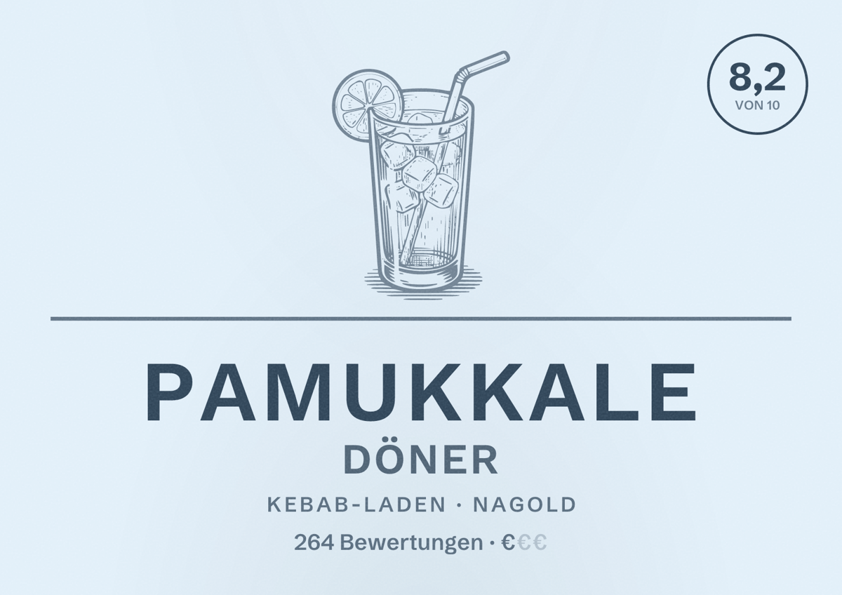 Illustriertes Poster von Pamukkale Döner, Kebab-Laden in Nagold: Bewertung 8,2 von 10 aus 264 Bewertungen, Preisniveau €