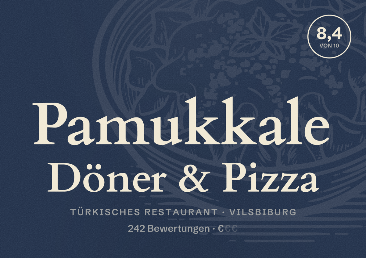 Illustriertes Poster von Pamukkale Döner & Pizza, Türkisches Restaurant in Vilsbiburg: Bewertung 8,4 von 10 aus 242 Bewertungen, Preisniveau €