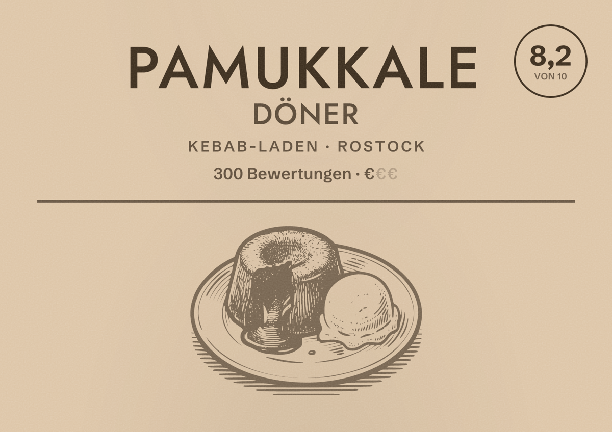 Illustriertes Poster von Pamukkale Döner, Kebab-Laden in Rostock: Bewertung 8,2 von 10 aus 300 Bewertungen, Preisniveau €