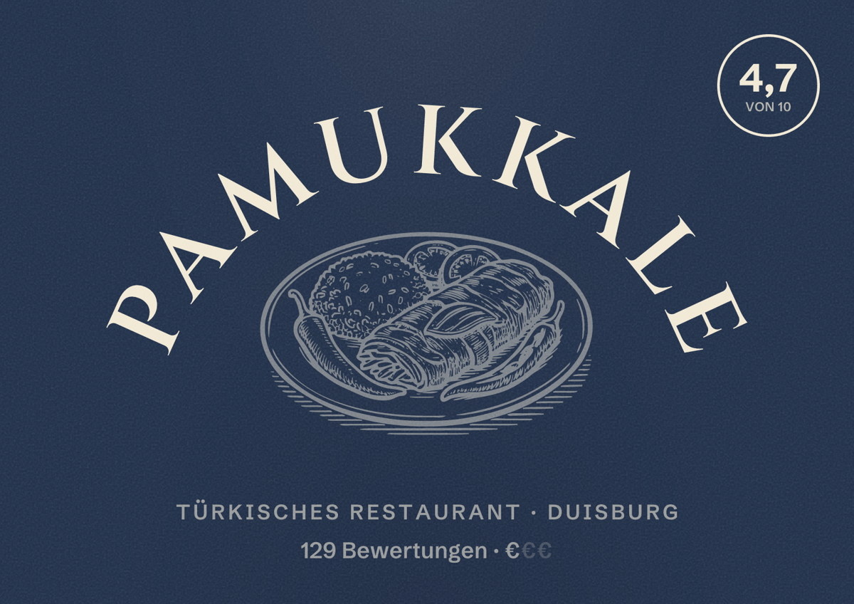 Illustriertes Poster von Pamukkale, Türkisches Restaurant in Duisburg: Bewertung 4,7 von 10 aus 129 Bewertungen, Preisniveau €