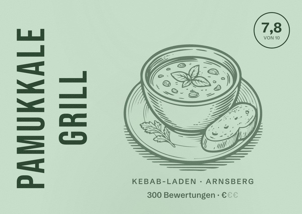 Illustriertes Poster von Pamukkale Grill, Kebab-Laden in Arnsberg: Bewertung 7,8 von 10 aus 300 Bewertungen, Preisniveau €