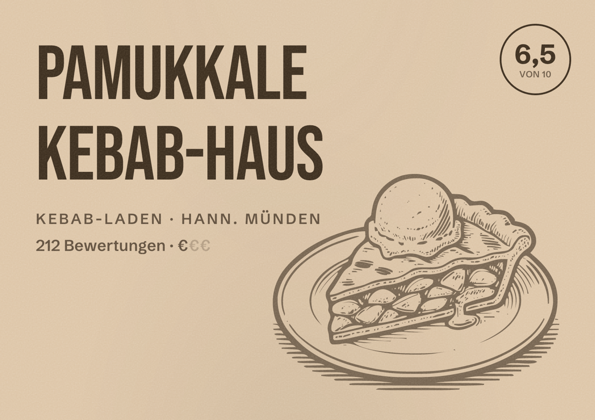 Illustriertes Poster von Pamukkale Kebab-Haus, Kebab-Laden in Hann. Münden: Bewertung 6,5 von 10 aus 212 Bewertungen, Preisniveau €