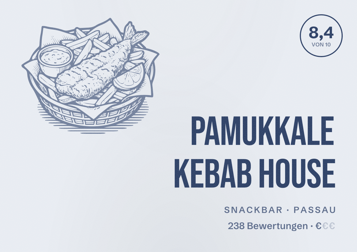 Illustriertes Poster von Pamukkale Kebab House, Snackbar in Passau: Bewertung 8,4 von 10 aus 238 Bewertungen, Preisniveau €