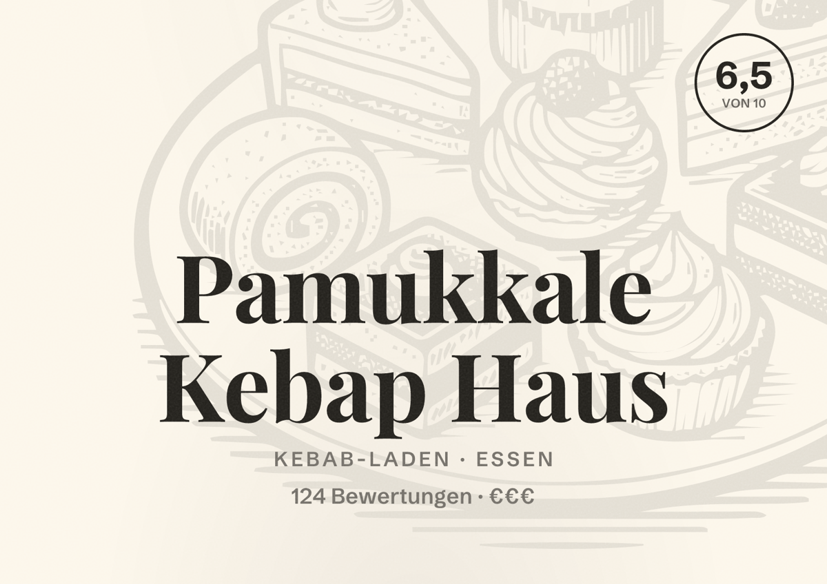 Illustriertes Poster von Pamukkale Kebap Haus, Kebab-Laden in Essen: Bewertung 6,5 von 10 aus 124 Bewertungen, Preisniveau €€€