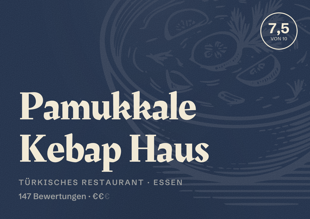 Illustriertes Poster von Pamukkale Kebap Haus, Türkisches Restaurant in Essen: Bewertung 7,5 von 10 aus 147 Bewertungen, Preisniveau €€