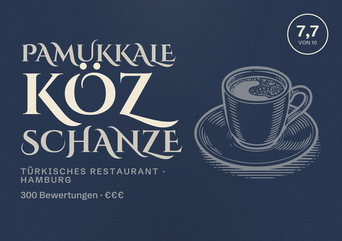 Illustriertes Poster von Pamukkale Köz Schanze, Türkisches Restaurant in Hamburg: Bewertung 7,7 von 10 aus 300 Bewertungen, Preisniveau €€€