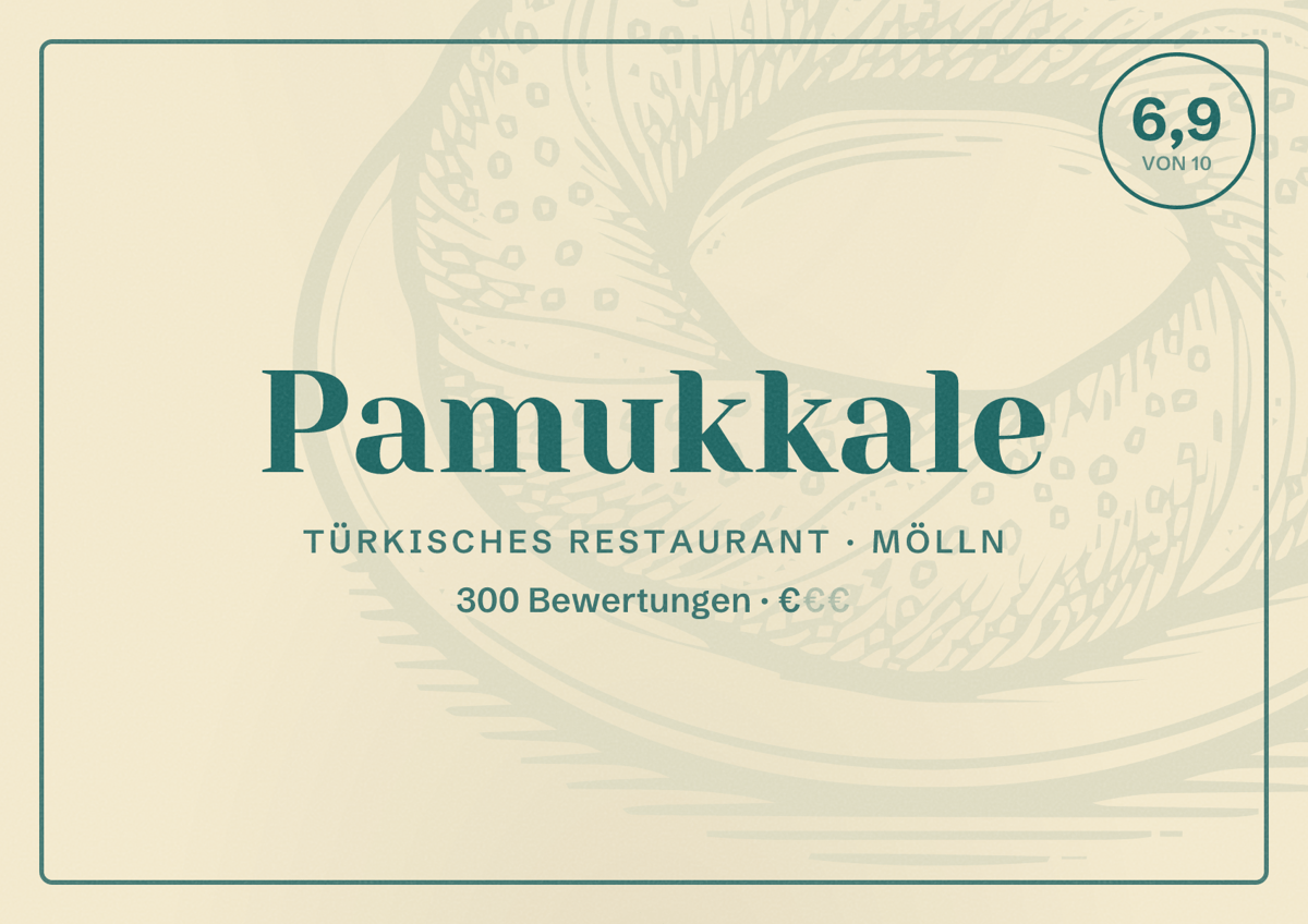 Illustriertes Poster von Pamukkale, Türkisches Restaurant in Mölln: Bewertung 6,9 von 10 aus 300 Bewertungen, Preisniveau €