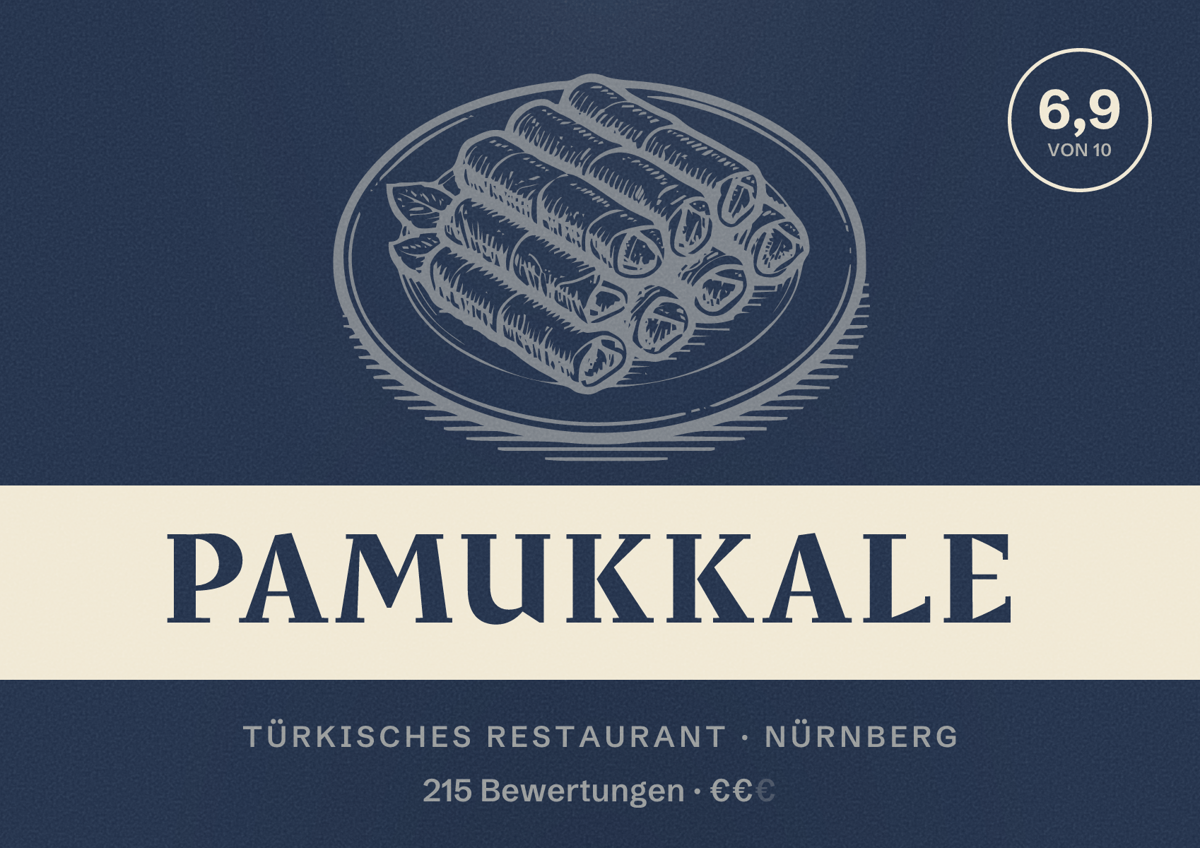 Illustriertes Poster von Pamukkale, Türkisches Restaurant in Nürnberg: Bewertung 6,9 von 10 aus 215 Bewertungen, Preisniveau €€