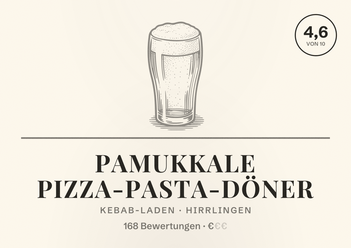 Illustriertes Poster von Pamukkale Pizza-Pasta-Döner, Kebab-Laden in Hirrlingen: Bewertung 4,6 von 10 aus 168 Bewertungen, Preisniveau €