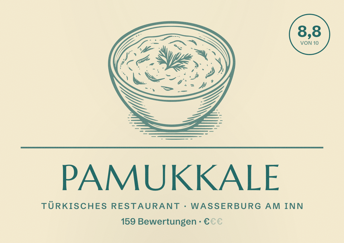 Illustriertes Poster von Pamukkale, Türkisches Restaurant in Wasserburg am Inn: Bewertung 8,8 von 10 aus 159 Bewertungen, Preisniveau €