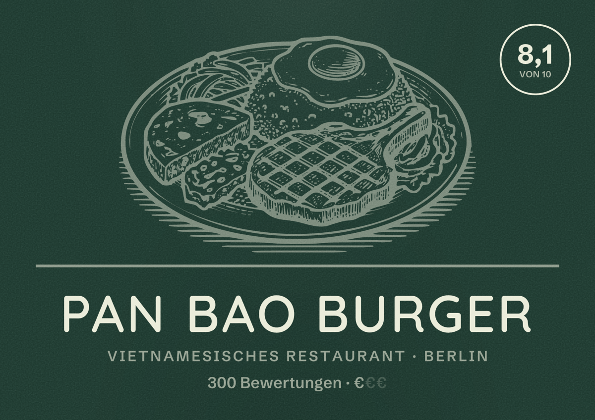 Illustriertes Poster von Pan Bao Burger, Vietnamesisches Restaurant in Berlin: Bewertung 8,1 von 10 aus 300 Bewertungen, Preisniveau €