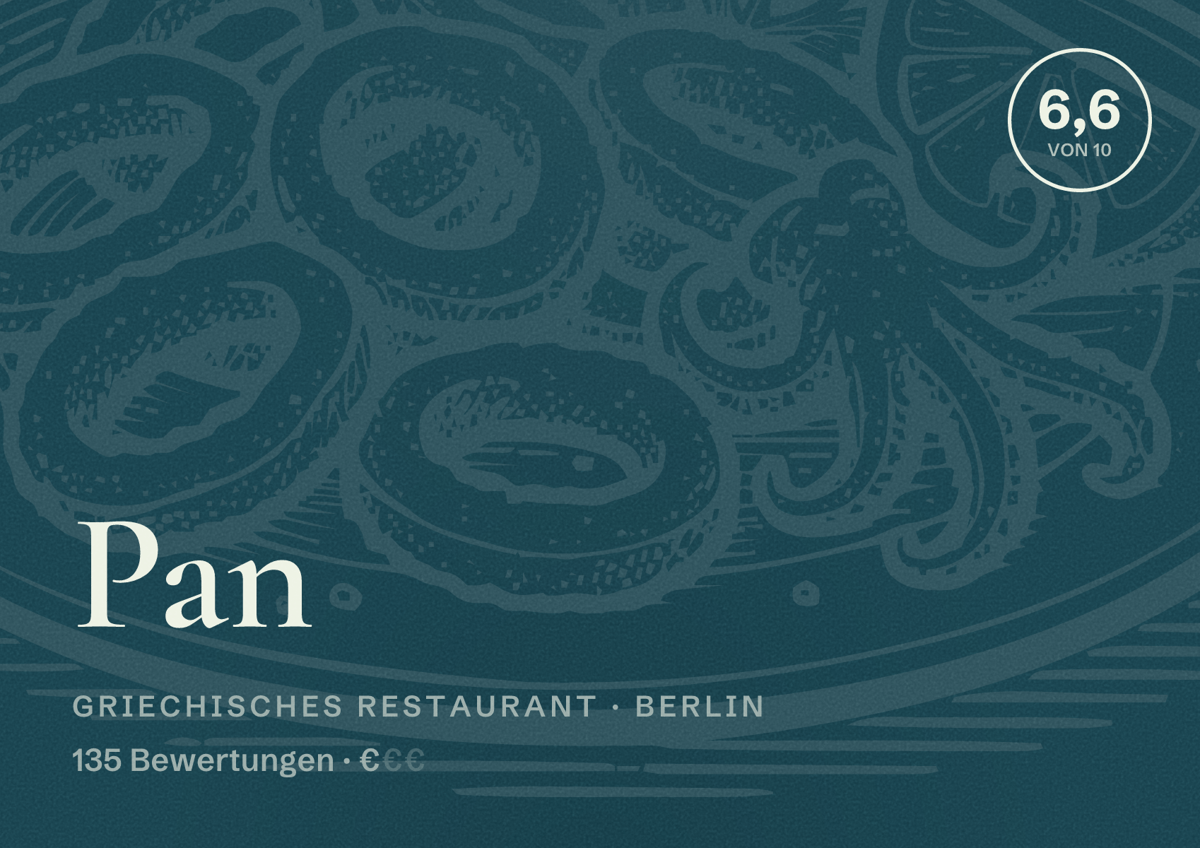 Illustriertes Poster von Pan, Griechisches Restaurant in Berlin: Bewertung 6,6 von 10 aus 135 Bewertungen, Preisniveau €