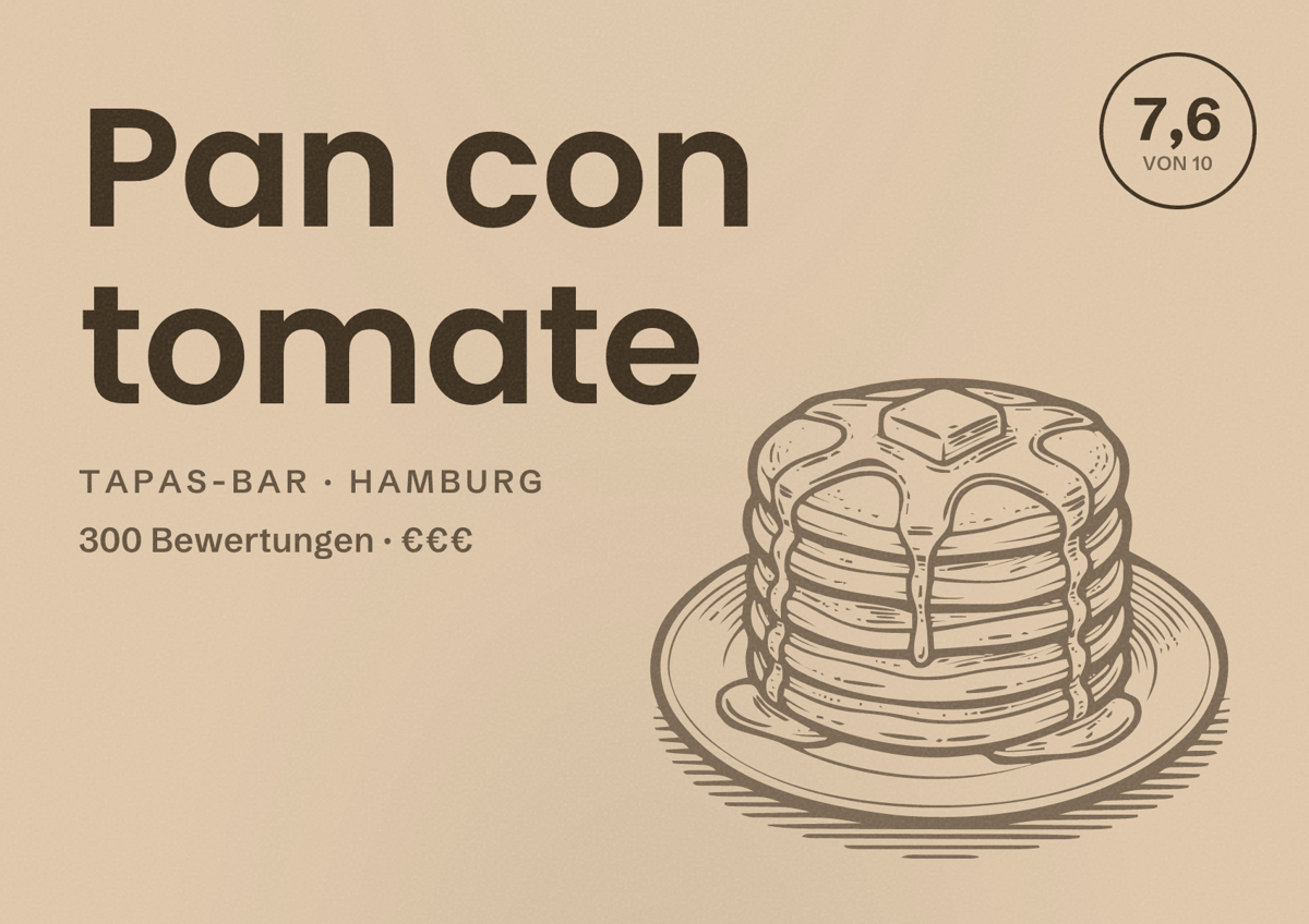 Illustriertes Poster von Pan con tomate, Tapas-Bar in Hamburg: Bewertung 7,6 von 10 aus 300 Bewertungen, Preisniveau €€€
