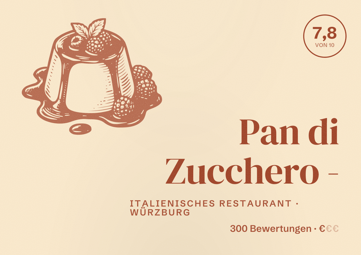 Illustriertes Poster von Pan di Zucchero -, Italienisches Restaurant in Würzburg: Bewertung 7,8 von 10 aus 300 Bewertungen, Preisniveau €