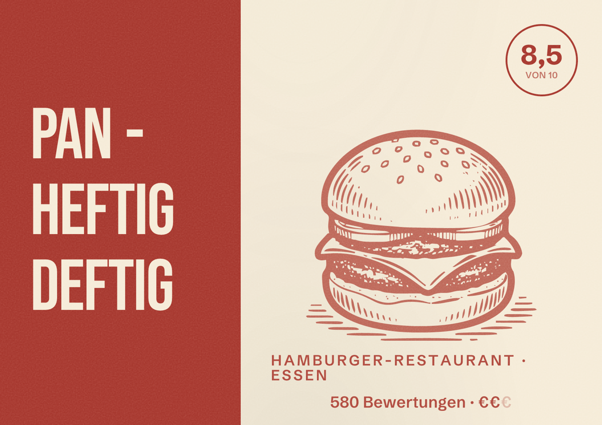 Illustriertes Poster von PAN - Heftig Deftig, Hamburger-Restaurant in Essen: Bewertung 8,5 von 10 aus 580 Bewertungen, Preisniveau €€
