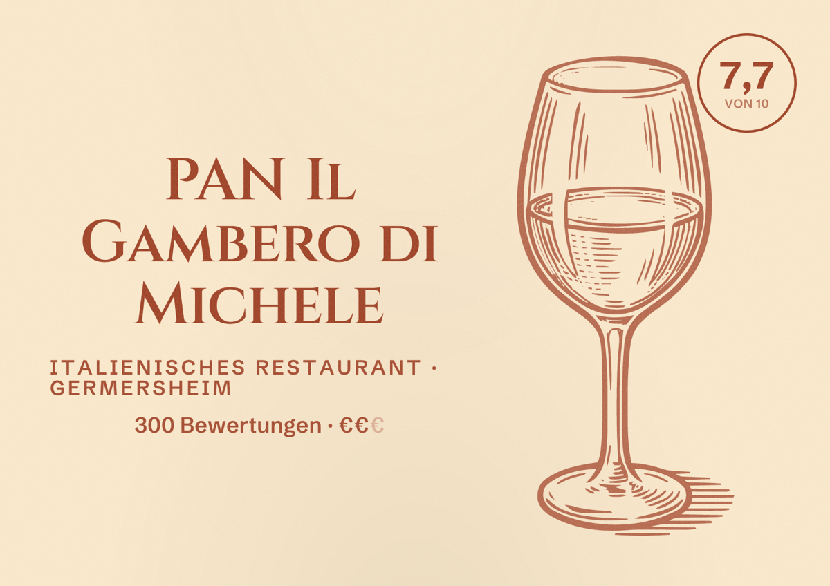 Illustriertes Poster von PAN Il Gambero di Michele, Italienisches Restaurant in Germersheim: Bewertung 7,7 von 10 aus 300 Bewertungen, Preisniveau €€