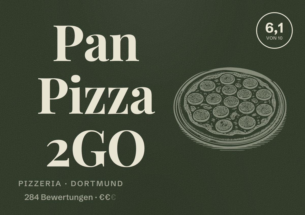 Illustriertes Poster von Pan Pizza 2GO, Pizzeria in Dortmund: Bewertung 6,1 von 10 aus 284 Bewertungen, Preisniveau €€
