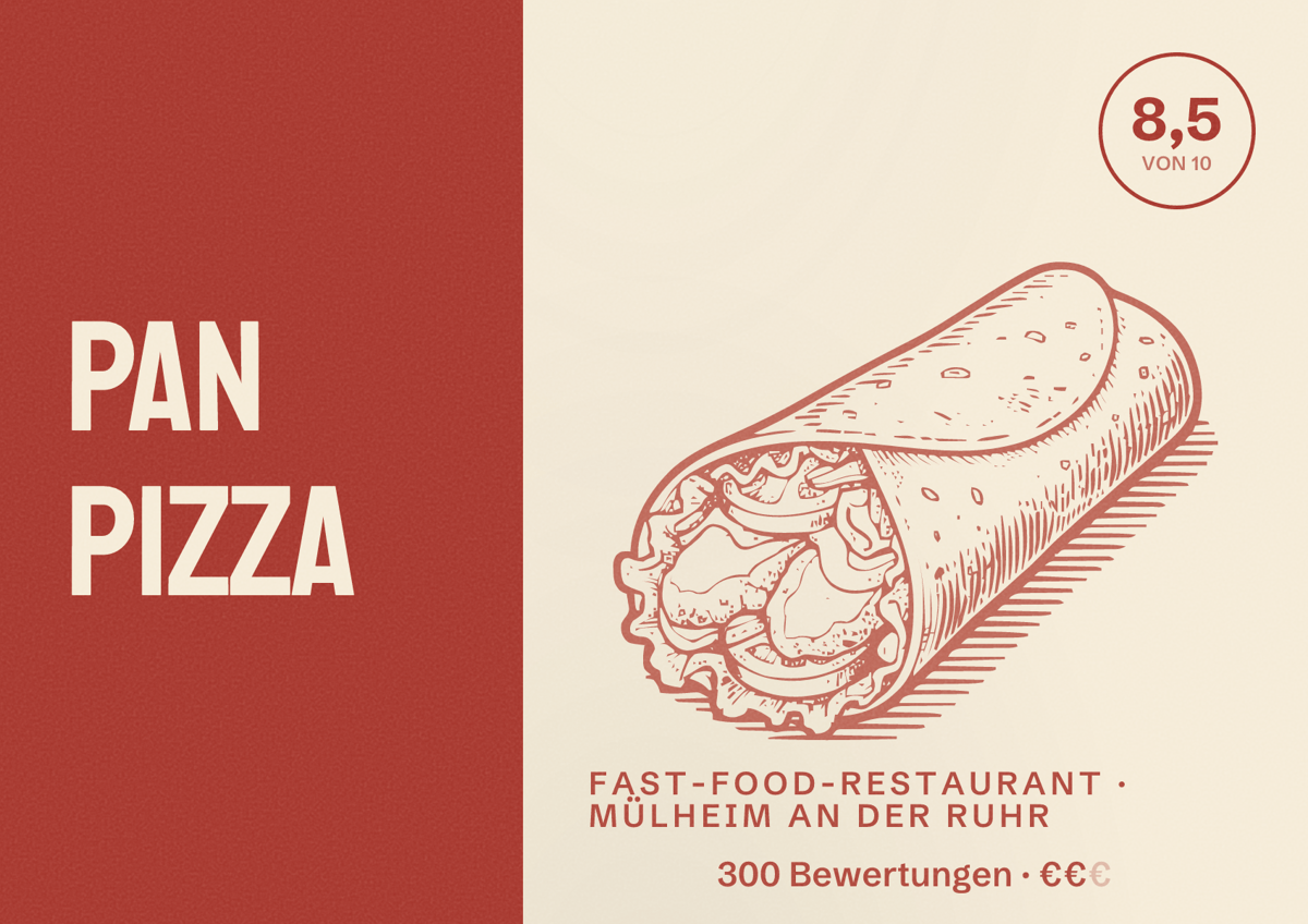 Illustriertes Poster von Pan Pizza, Fast-Food-Restaurant in Mülheim an der Ruhr: Bewertung 8,5 von 10 aus 300 Bewertungen, Preisniveau €€