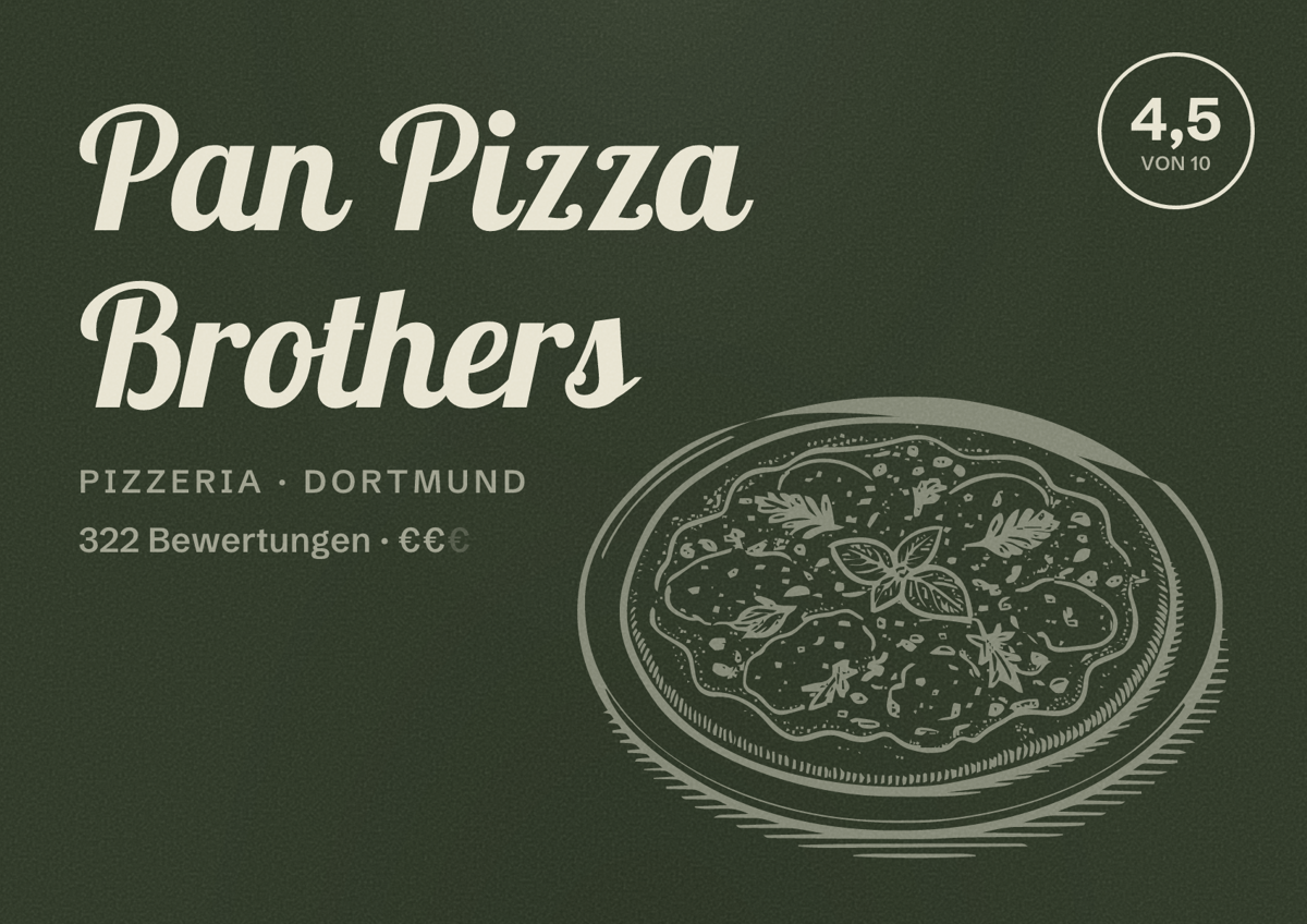 Illustriertes Poster von Pan Pizza Brothers, Pizzeria in Dortmund: Bewertung 4,5 von 10 aus 322 Bewertungen, Preisniveau €€