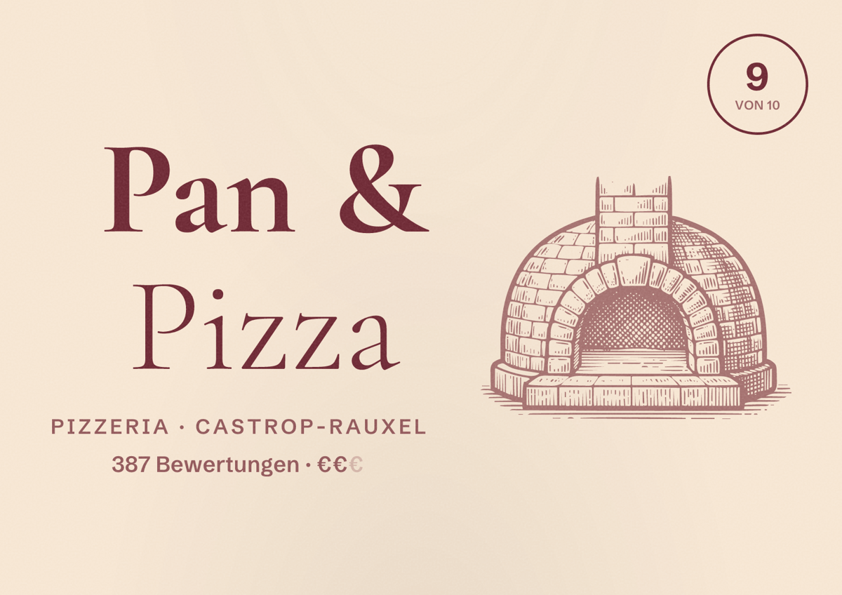 Illustriertes Poster von Pan & Pizza, Pizzeria in Castrop-Rauxel: Bewertung 9,0 von 10 aus 387 Bewertungen, Preisniveau €€