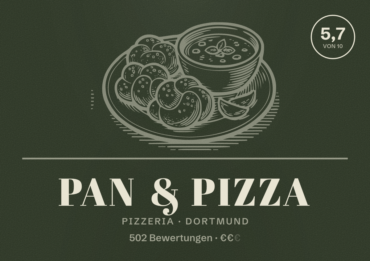 Illustriertes Poster von Pan & Pizza, Pizzeria in Dortmund: Bewertung 5,7 von 10 aus 502 Bewertungen, Preisniveau €€