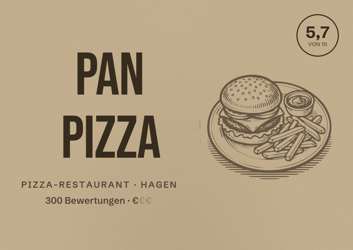 Illustriertes Poster von Pan Pizza, Pizza-Restaurant in Hagen: Bewertung 5,7 von 10 aus 300 Bewertungen, Preisniveau €