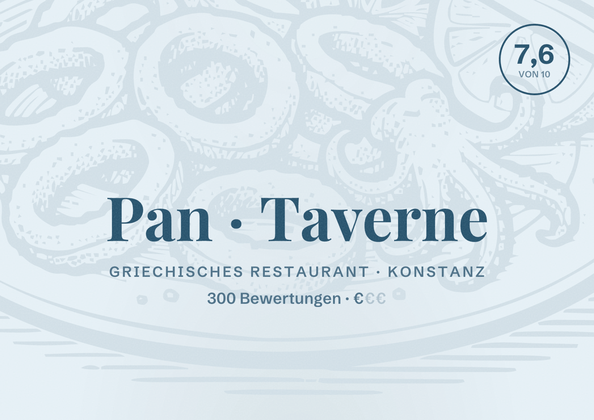 Illustriertes Poster von Pan Taverne, Griechisches Restaurant in Konstanz: Bewertung 7,6 von 10 aus 300 Bewertungen, Preisniveau €