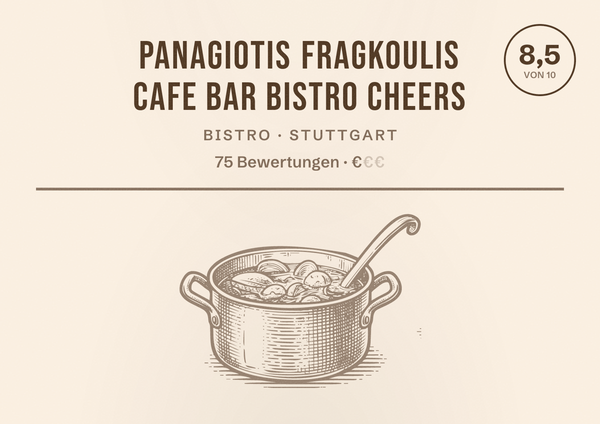 Illustriertes Poster von Panagiotis Fragkoulis Cafe Bar Bistro Cheers, Bistro in Stuttgart: Bewertung 8,5 von 10 aus 75 Bewertungen, Preisniveau €