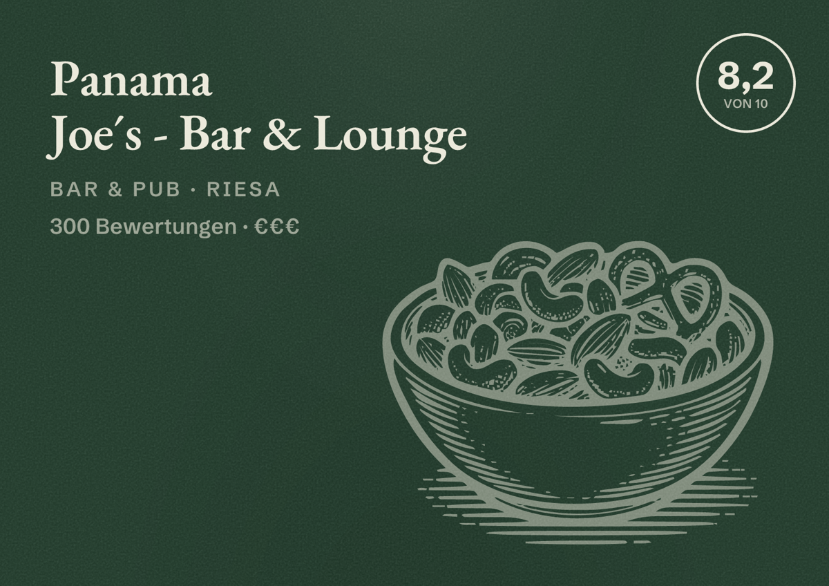 Illustriertes Poster von Panama Joe´s - Bar & Lounge, Bar & Pub in Riesa: Bewertung 8,2 von 10 aus 300 Bewertungen, Preisniveau €€€