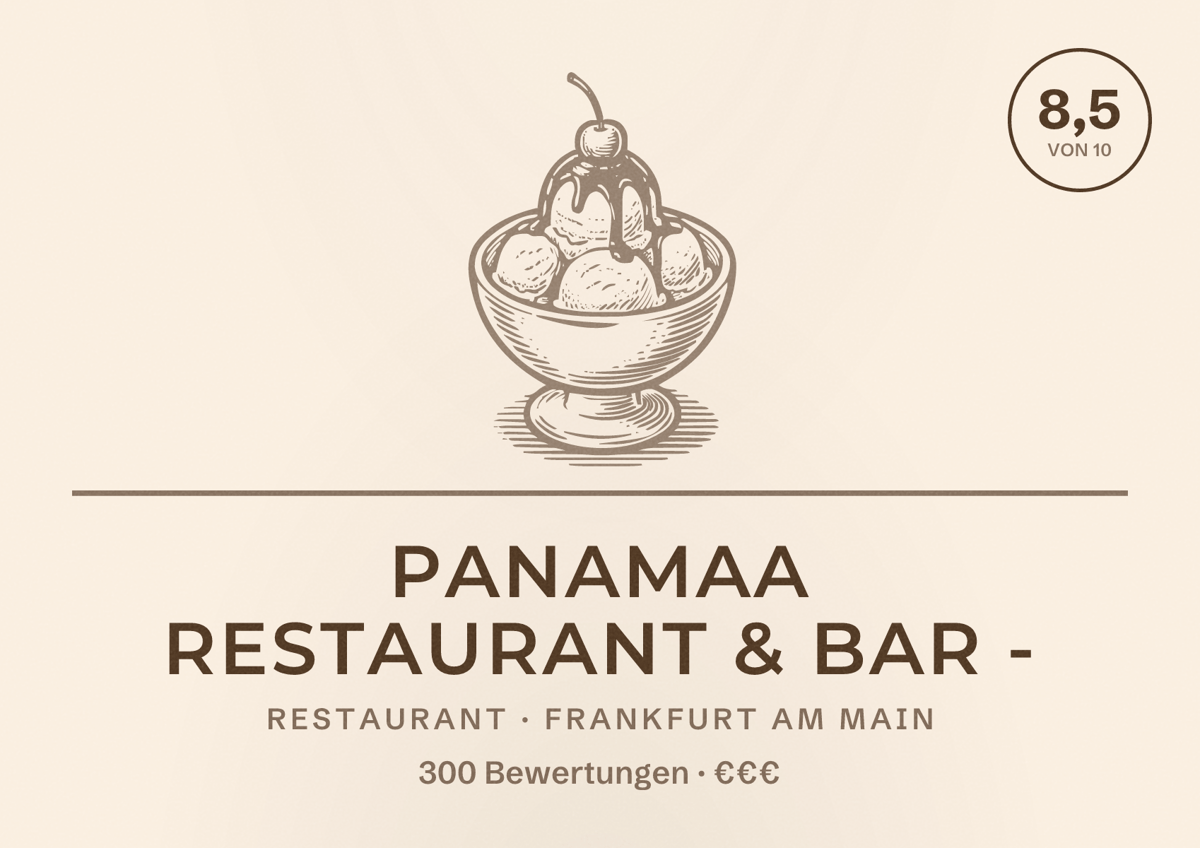 Illustriertes Poster von Panamaa Restaurant & Bar -, Restaurant in Frankfurt am Main: Bewertung 8,5 von 10 aus 300 Bewertungen, Preisniveau €€€