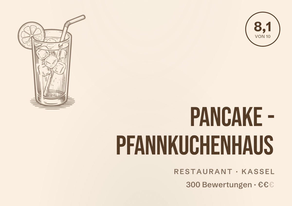 Illustriertes Poster von Pancake - Pfannkuchenhaus, Restaurant in Kassel: Bewertung 8,1 von 10 aus 300 Bewertungen, Preisniveau €€