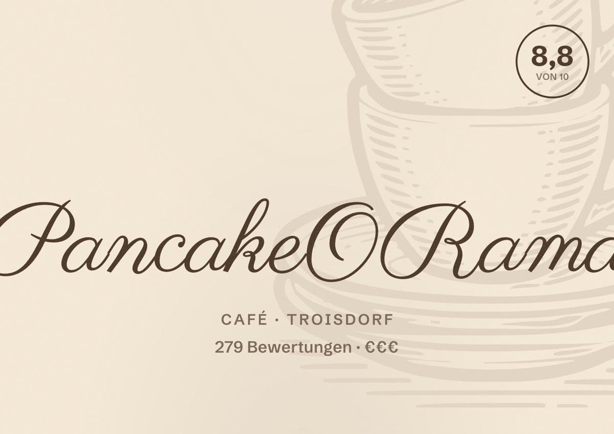 Illustriertes Poster von PancakeORama, Café in Troisdorf: Bewertung 8,8 von 10 aus 279 Bewertungen, Preisniveau €€€
