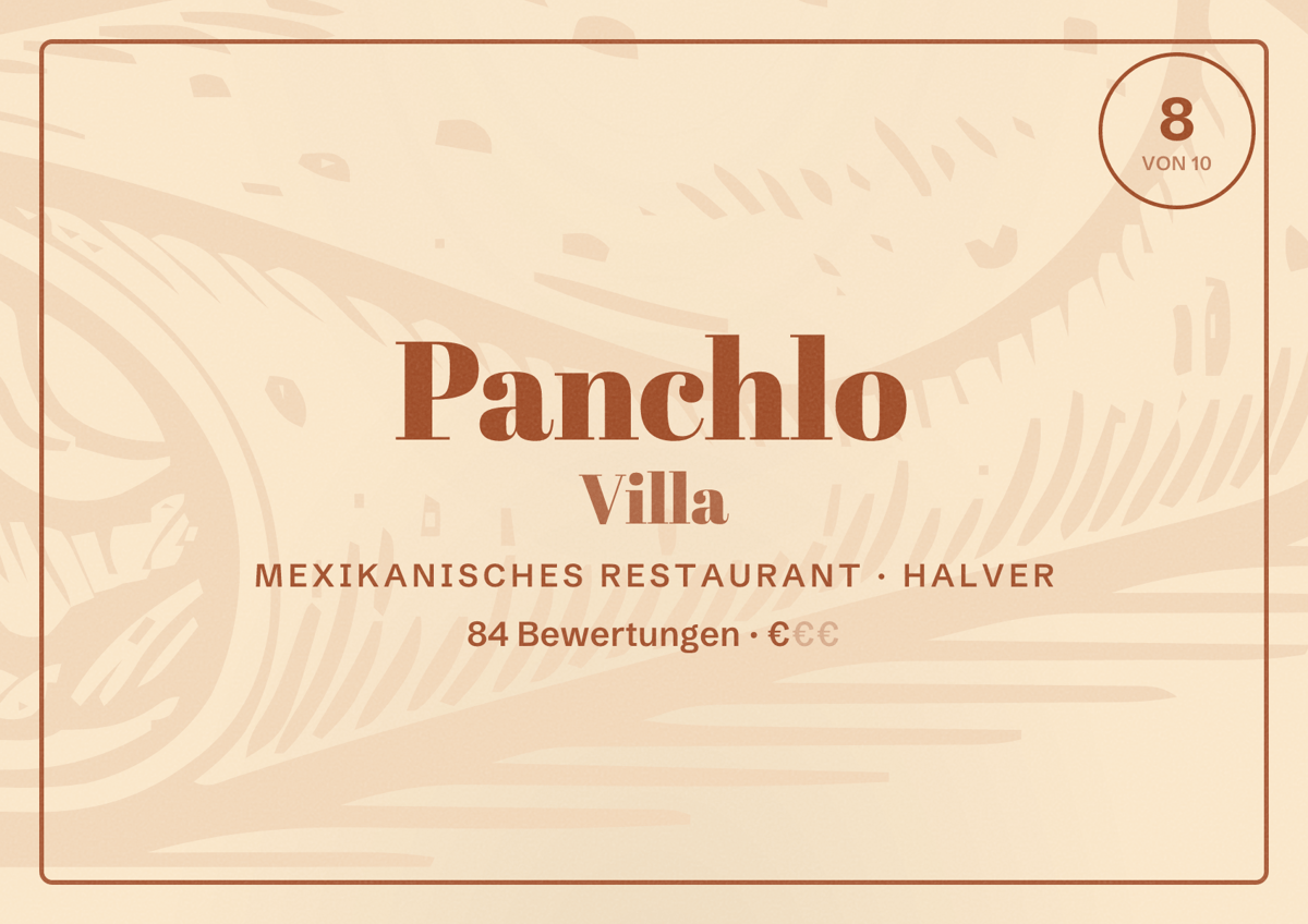 Illustriertes Poster von Panchlo Villa, Mexikanisches Restaurant in Halver: Bewertung 8 von 10 aus 84 Bewertungen, Preisniveau €