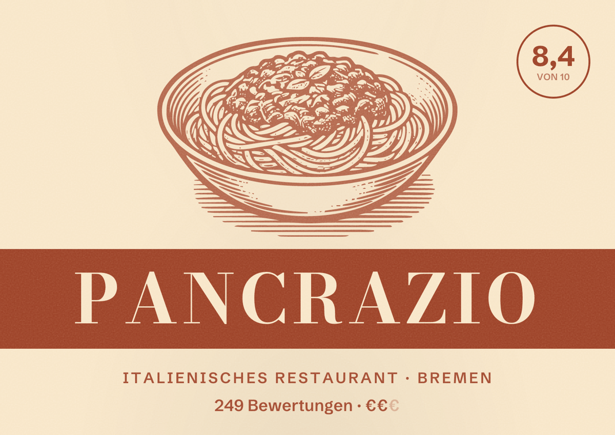 Illustriertes Poster von Pancrazio, Italienisches Restaurant in Bremen: Bewertung 8,4 von 10 aus 249 Bewertungen, Preisniveau €€
