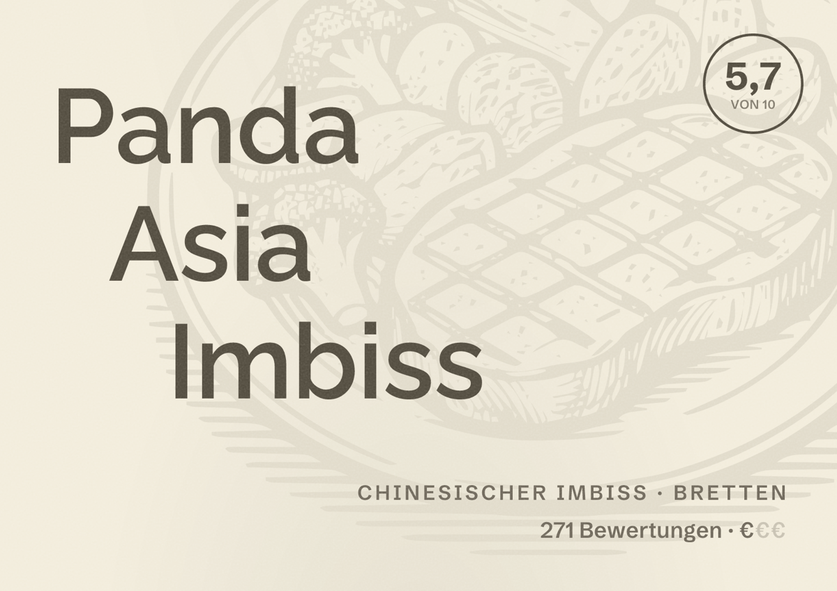 Illustriertes Poster von Panda Asia Imbiss, Chinesischer Imbiss in Bretten: Bewertung 5,7 von 10 aus 271 Bewertungen, Preisniveau €