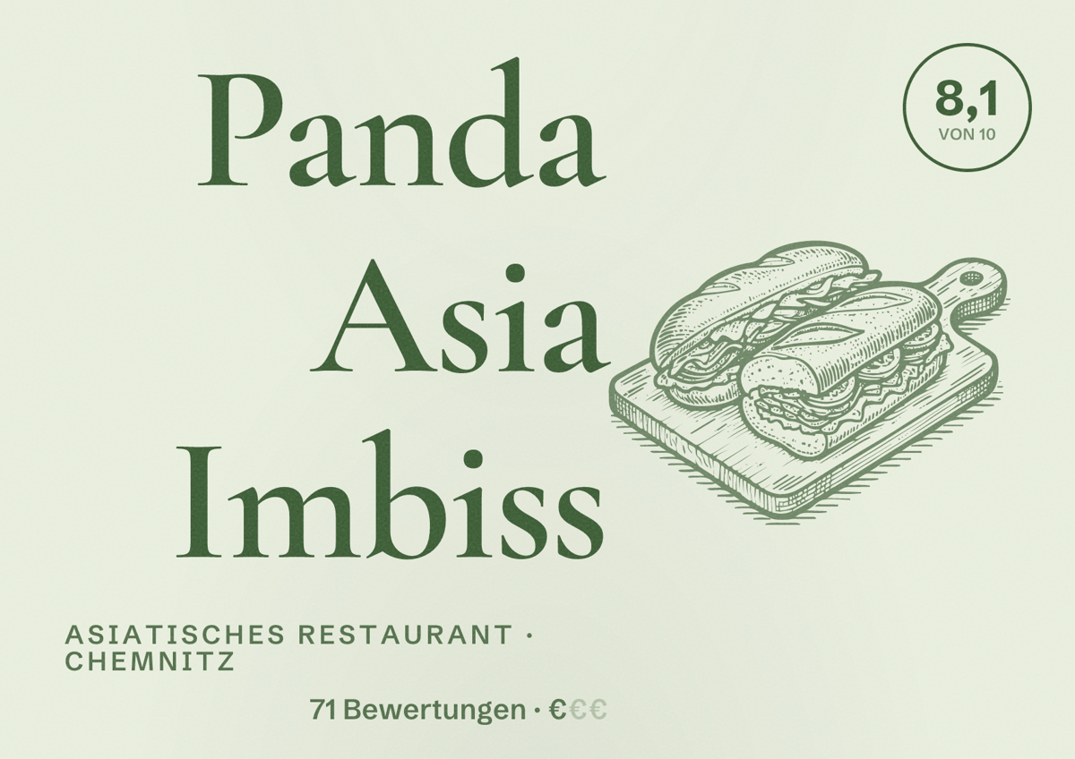 Illustriertes Poster von Panda Asia Imbiss, Asiatisches Restaurant in Chemnitz: Bewertung 8,1 von 10 aus 71 Bewertungen, Preisniveau €