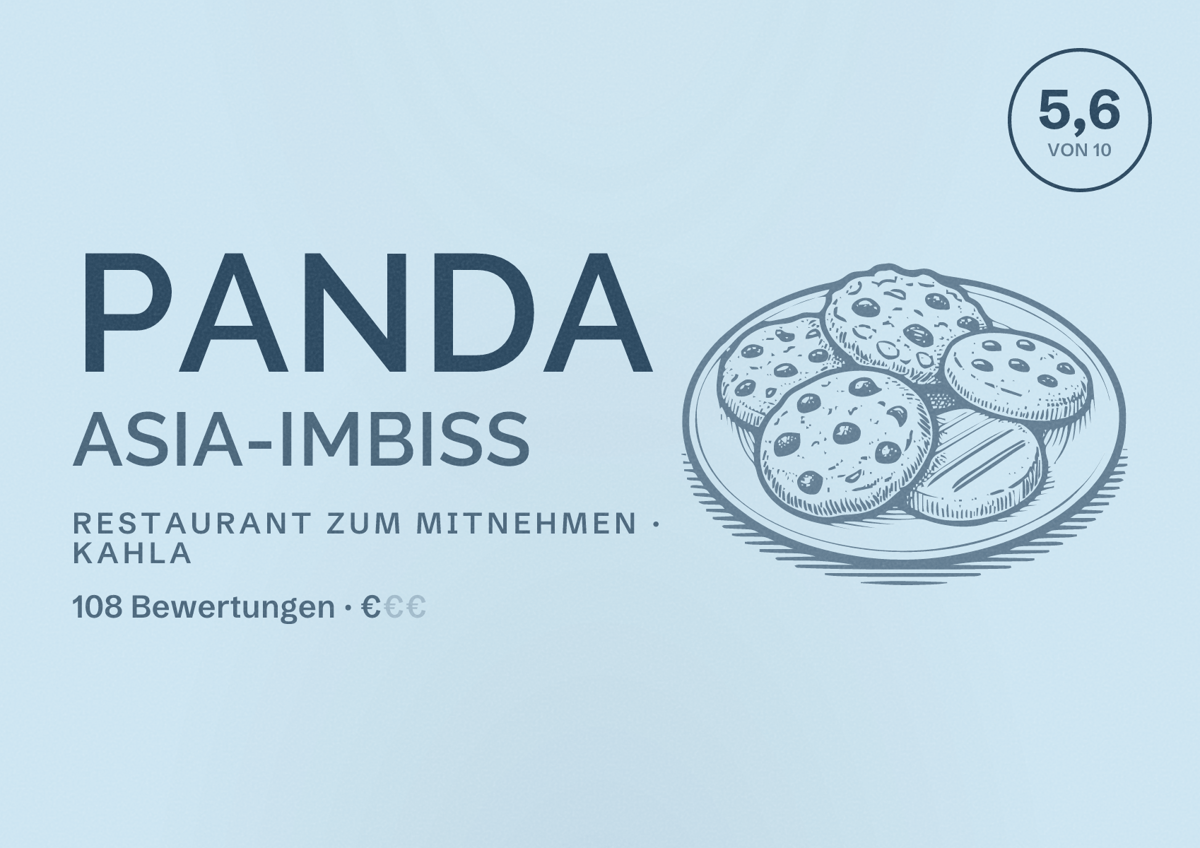 Illustriertes Poster von Panda Asia-Imbiss, Restaurant zum Mitnehmen in Kahla: Bewertung 5,6 von 10 aus 108 Bewertungen, Preisniveau €