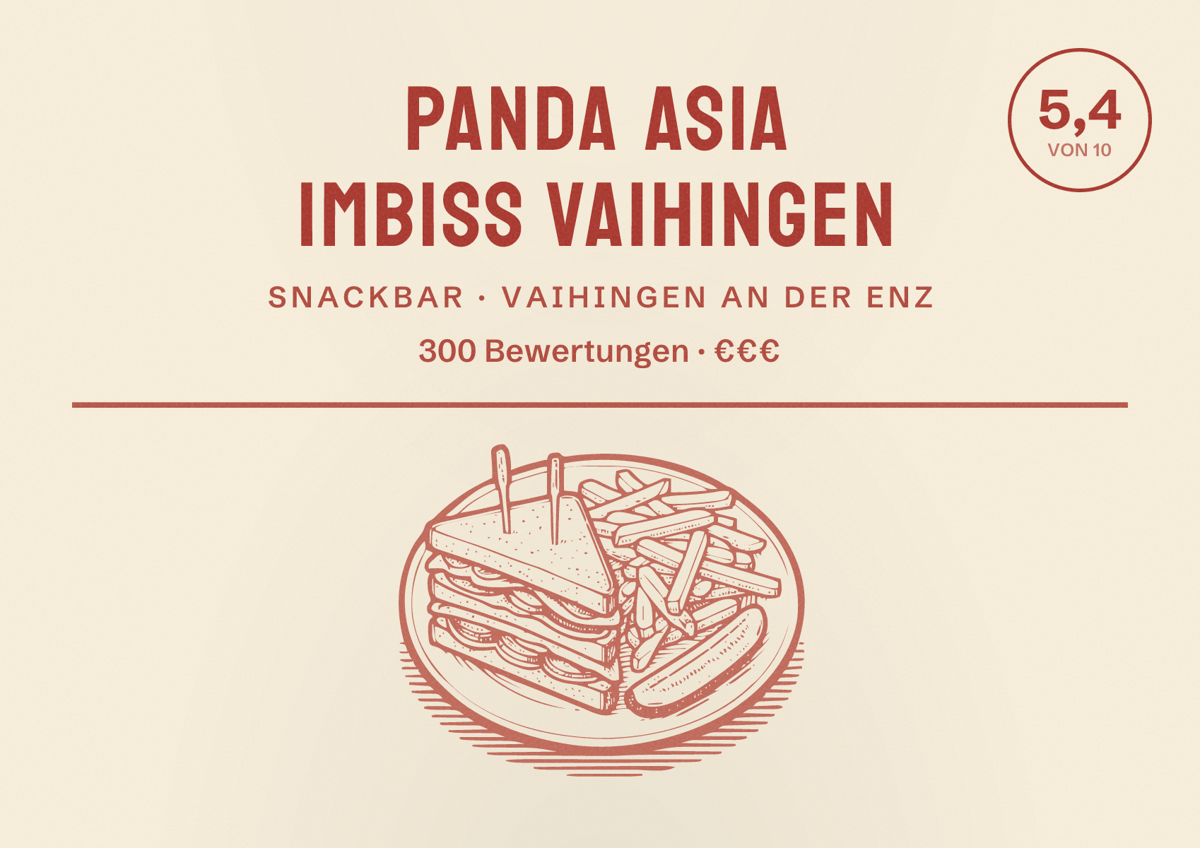 Illustriertes Poster von Panda Asia Imbiss Vaihingen, Snackbar in Vaihingen an der Enz: Bewertung 5,4 von 10 aus 300 Bewertungen, Preisniveau €€€