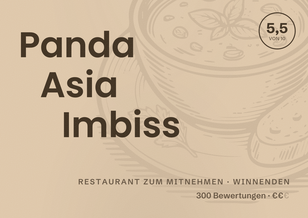 Illustriertes Poster von Panda Asia Imbiss, Restaurant zum Mitnehmen in Winnenden: Bewertung 5,5 von 10 aus 300 Bewertungen, Preisniveau €€