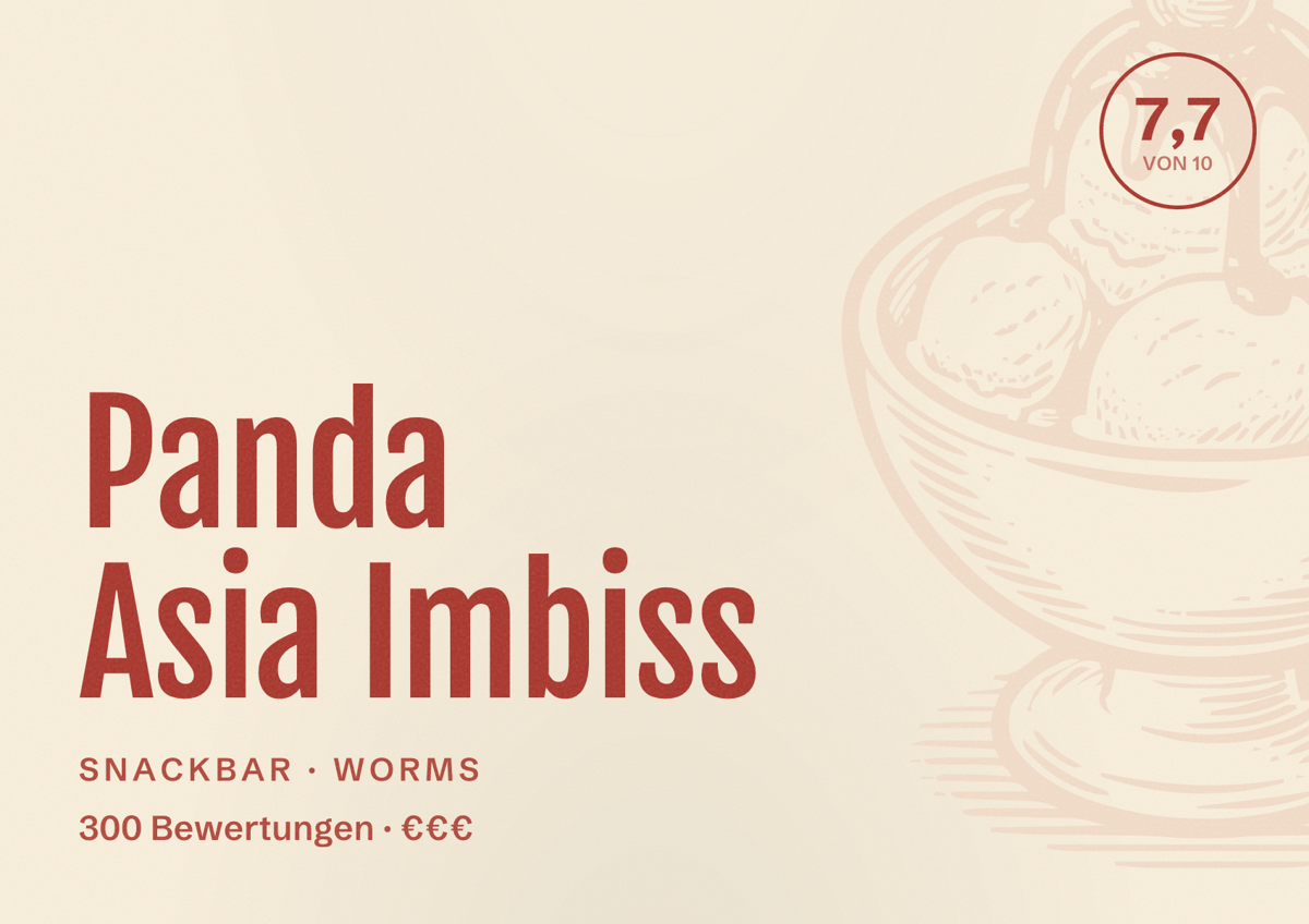 Illustriertes Poster von Panda Asia Imbiss, Snackbar in Worms: Bewertung 7,7 von 10 aus 300 Bewertungen, Preisniveau €€€