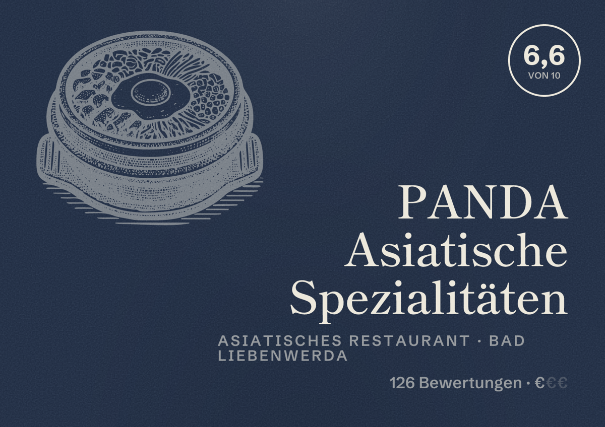Illustriertes Poster von PANDA Asiatische Spezialitäten, Asiatisches Restaurant in Bad Liebenwerda: Bewertung 6,6 von 10 aus 126 Bewertungen, Preisniveau €