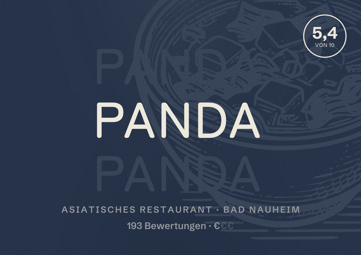 Illustriertes Poster von Panda, Asiatisches Restaurant in Bad Nauheim: Bewertung 5,4 von 10 aus 193 Bewertungen, Preisniveau €