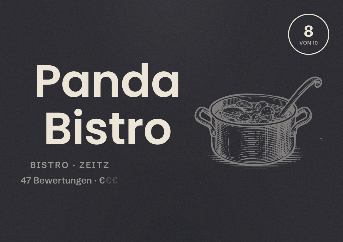 Illustriertes Poster von Panda Bistro, Bistro in Zeitz: Bewertung 8 von 10 aus 47 Bewertungen, Preisniveau €